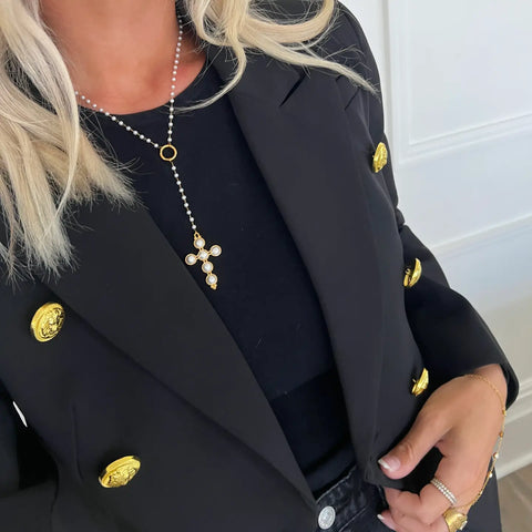Lariat Non-Tarnish Pearl Cross Necklace