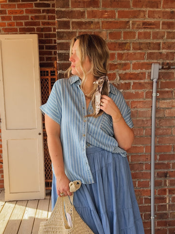 Liza Denim Striped Button Up Top