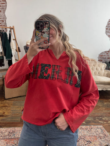 Merry Plaid Appliqué Long Sleeve Tee