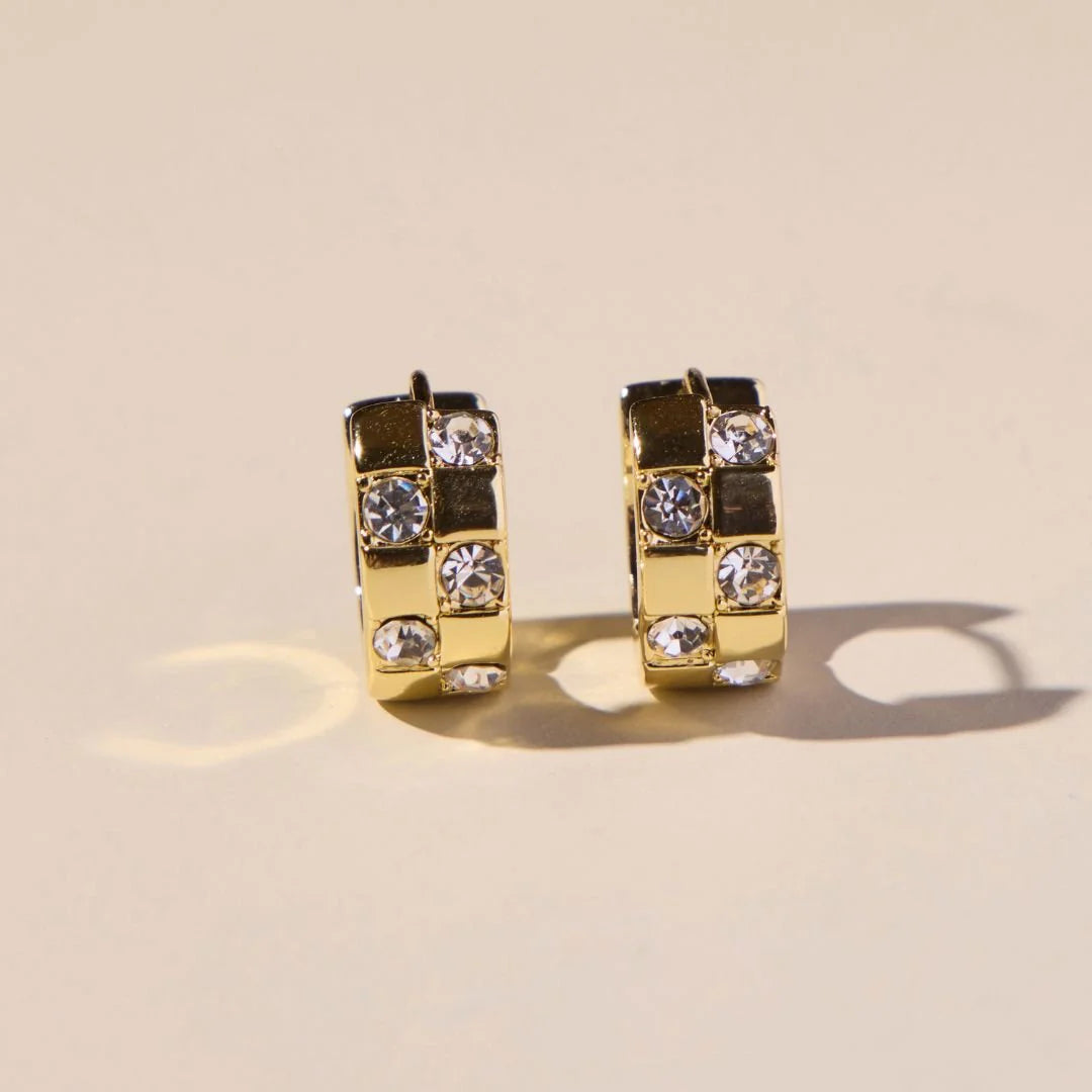 Gold Pavé Checkered Huggie Earrings main image 1