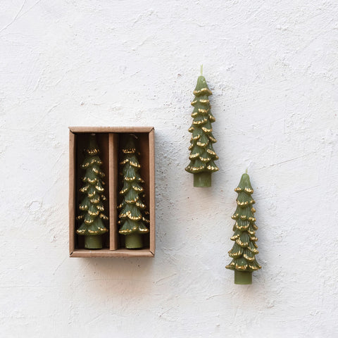 Green + Gold Tree Taper Candles | Set of 2