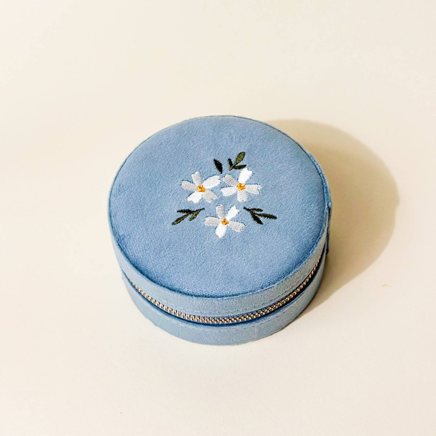 Round Velvet Jewelry Case | Floral Misty Blue