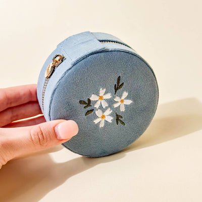 Round Velvet Jewelry Case | Floral Misty Blue