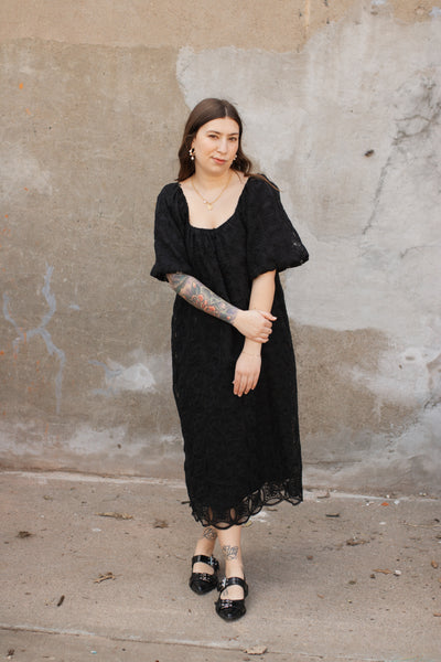 Lillian Lace Puff Sleeve Midi Dress | Black