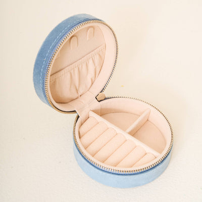 Round Velvet Jewelry Case | Floral Misty Blue