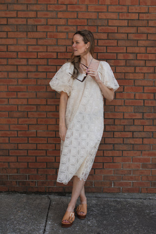 Lillian Lace Puff Sleeve Midi Dress | Ivory