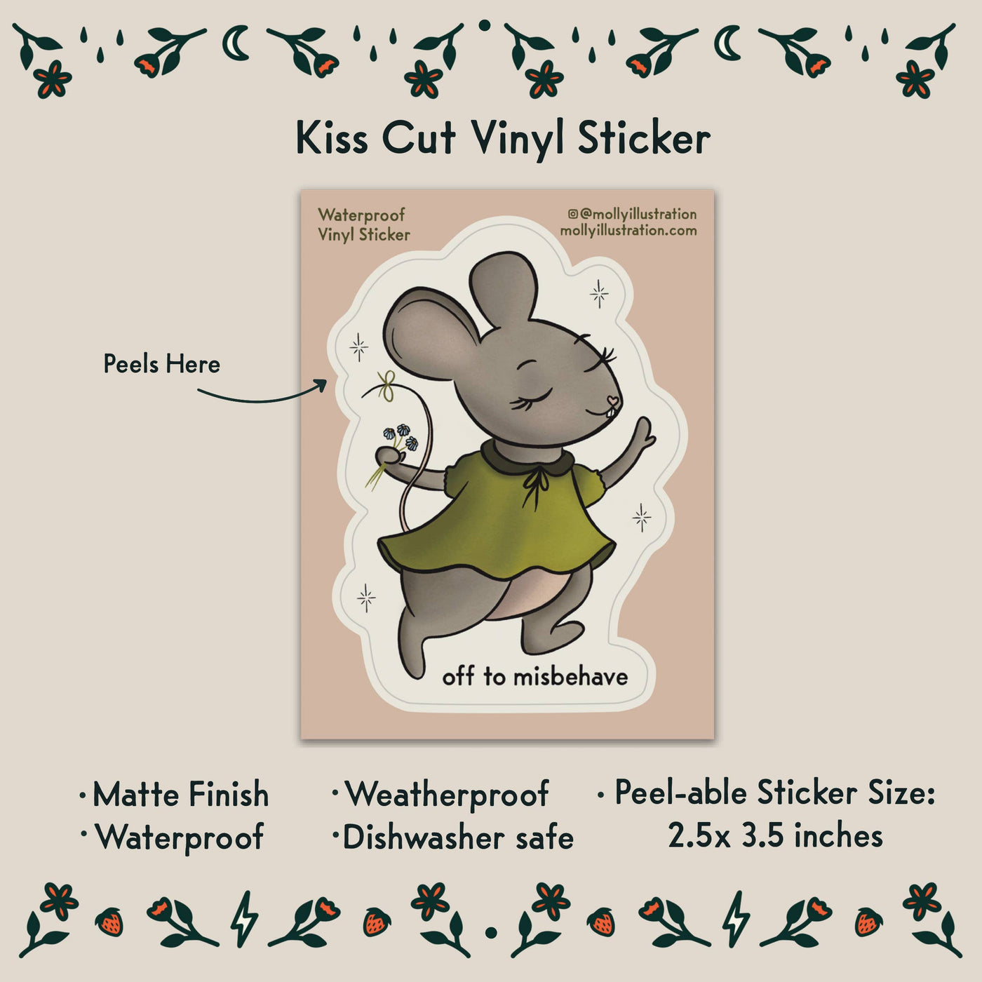 Off to Misbehave Mouse Waterproof Vinyl Sticker