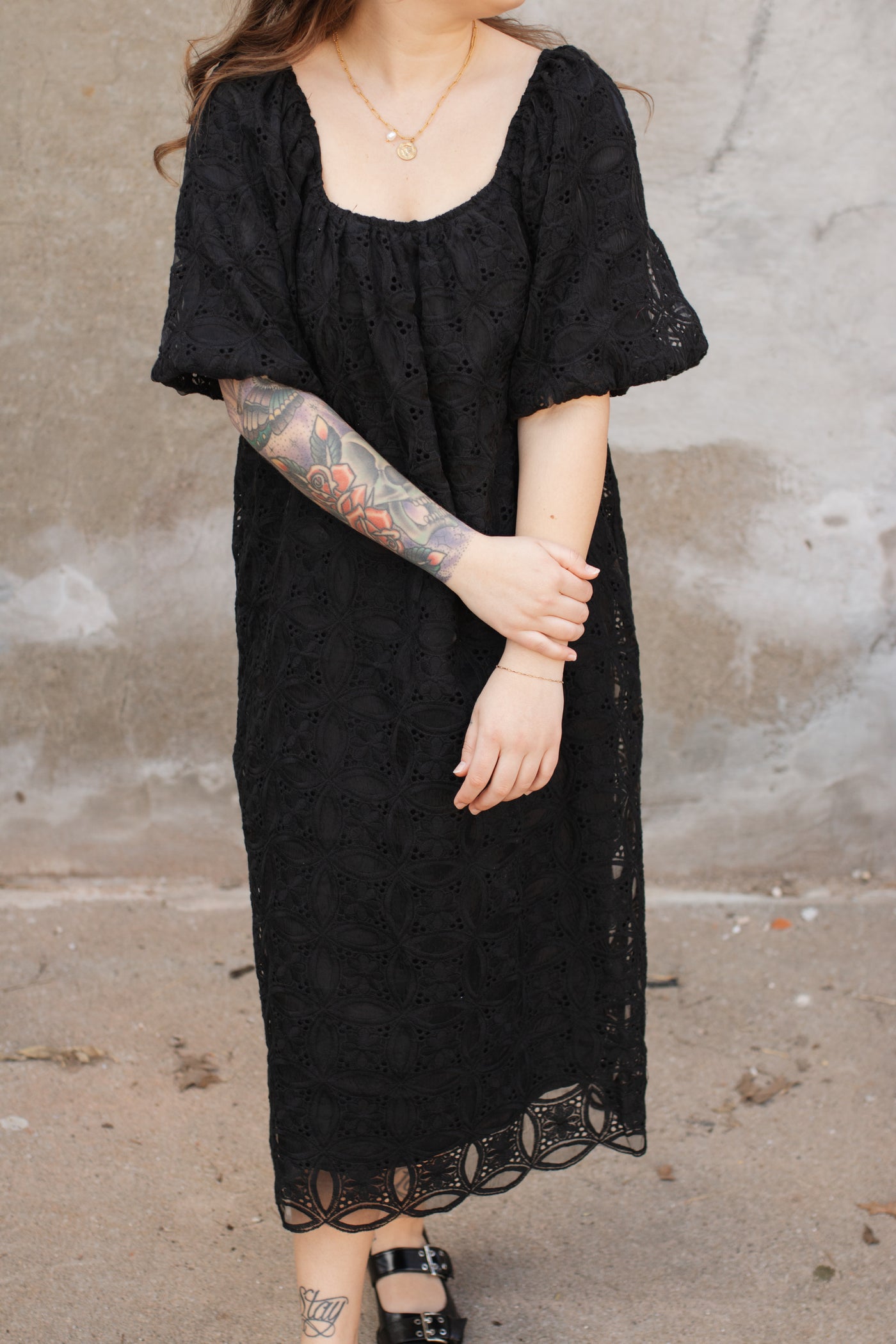 Lillian Lace Puff Sleeve Midi Dress | Black