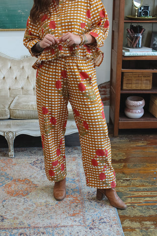 Gingham barrel pants, floral print trousers, high rise cotton pants, Ivy Jane Birdie pant, women's statement pants, cropped barrel leg, relaxed fit trousers, boutique women's bottoms.