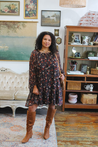 moody floral dress, sheer sleeve dress, vintage romantic style, dark floral fall dress, boho long sleeve dress, transition fashion, feminine floral midi