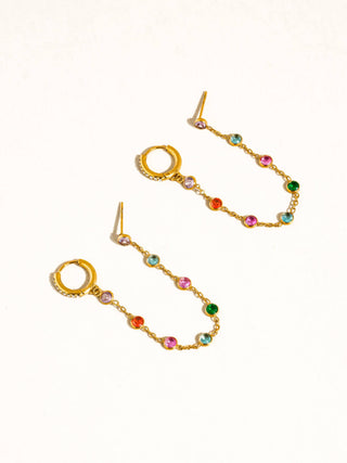 Gold double piercing earring chain link earring with multi color gems.