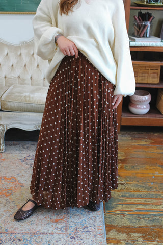 brown polka dot skirt, pleated maxi skirt, feminine maxi skirt, versatile brown skirt, flowing pleated skirt, Clara polka dot skirt, women's modest maxi skirt