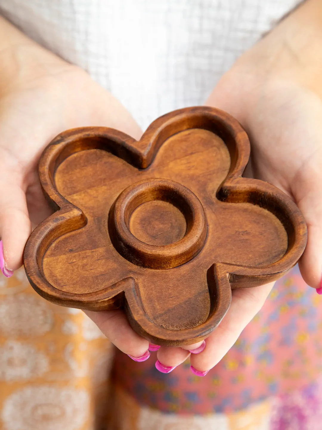 Flower Carved Wood Trinket Dish