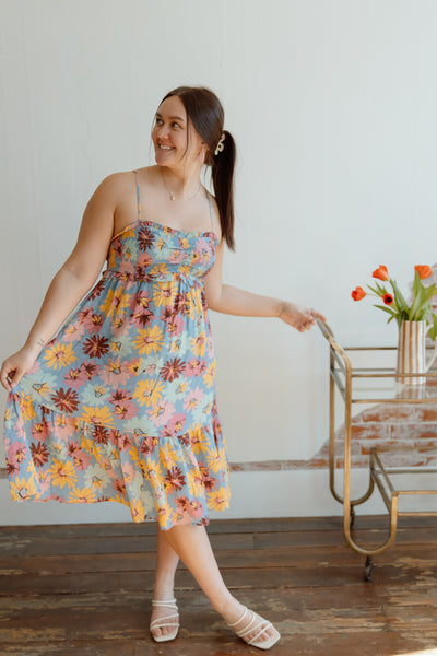 Colorful Daisy Ruched Midi Dress
