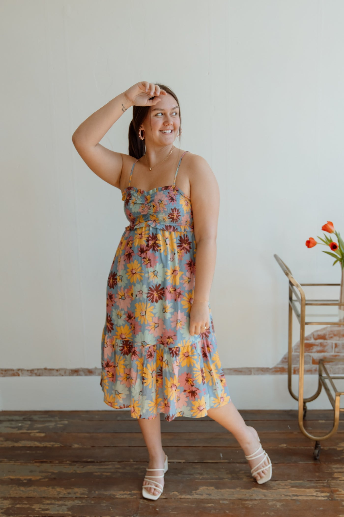 Colorful Daisy Ruched Midi Dress