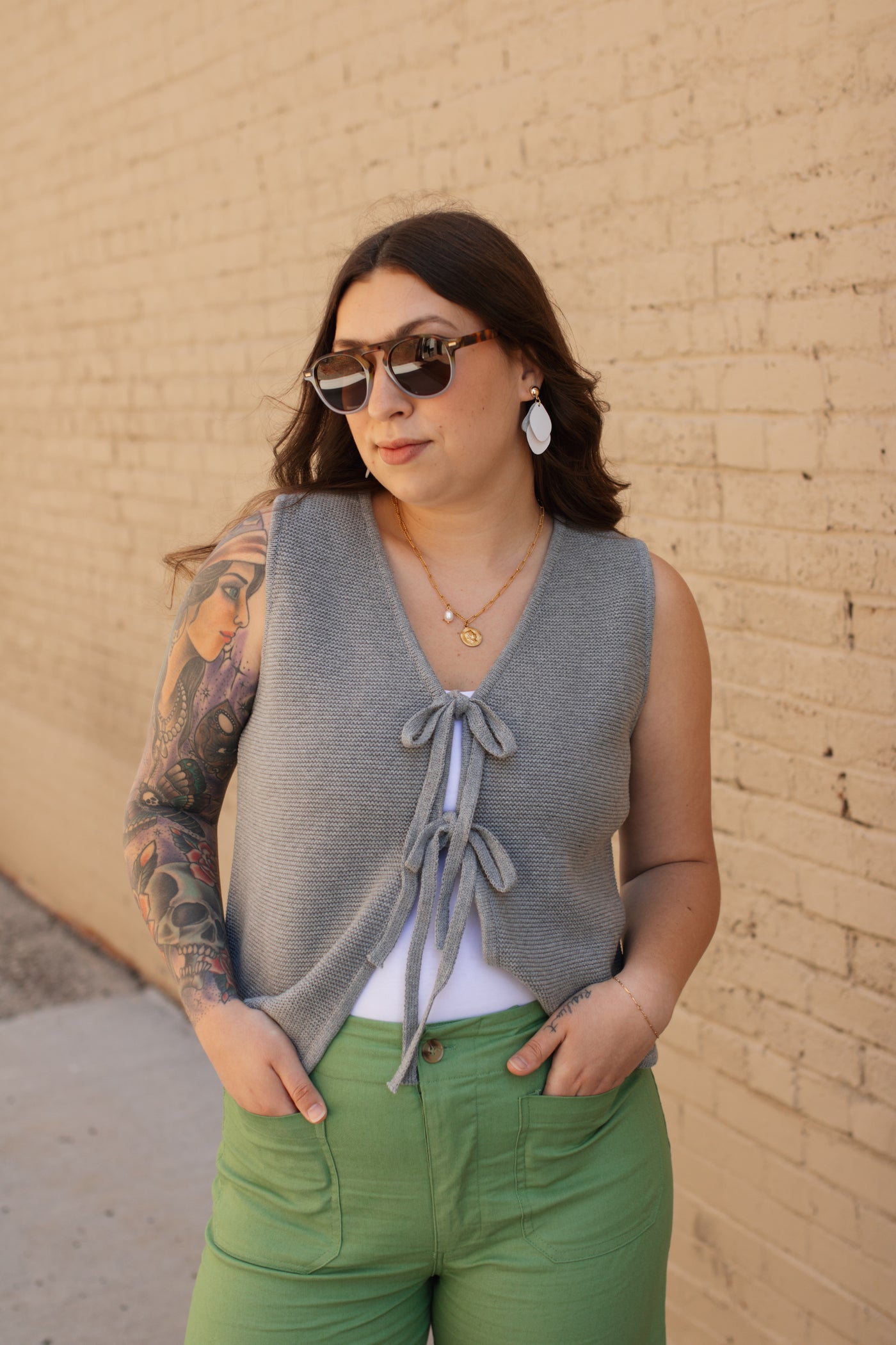 Eliza Tie Front Knit Vest | Grey
