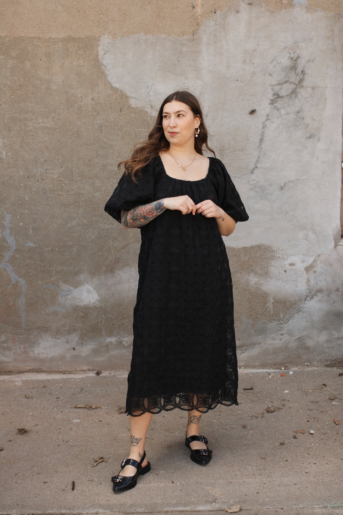 Lillian Lace Puff Sleeve Midi Dress | Black