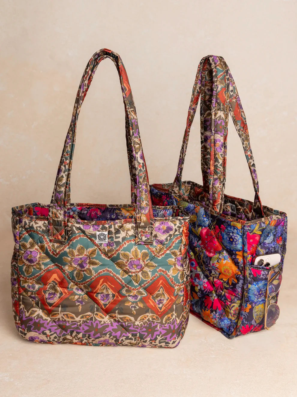 Tuscany Border Patchwork Reversible Puffy Tote Bag