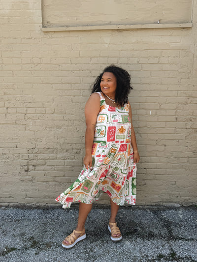 Daisy Fruit Stamp Midi Dress