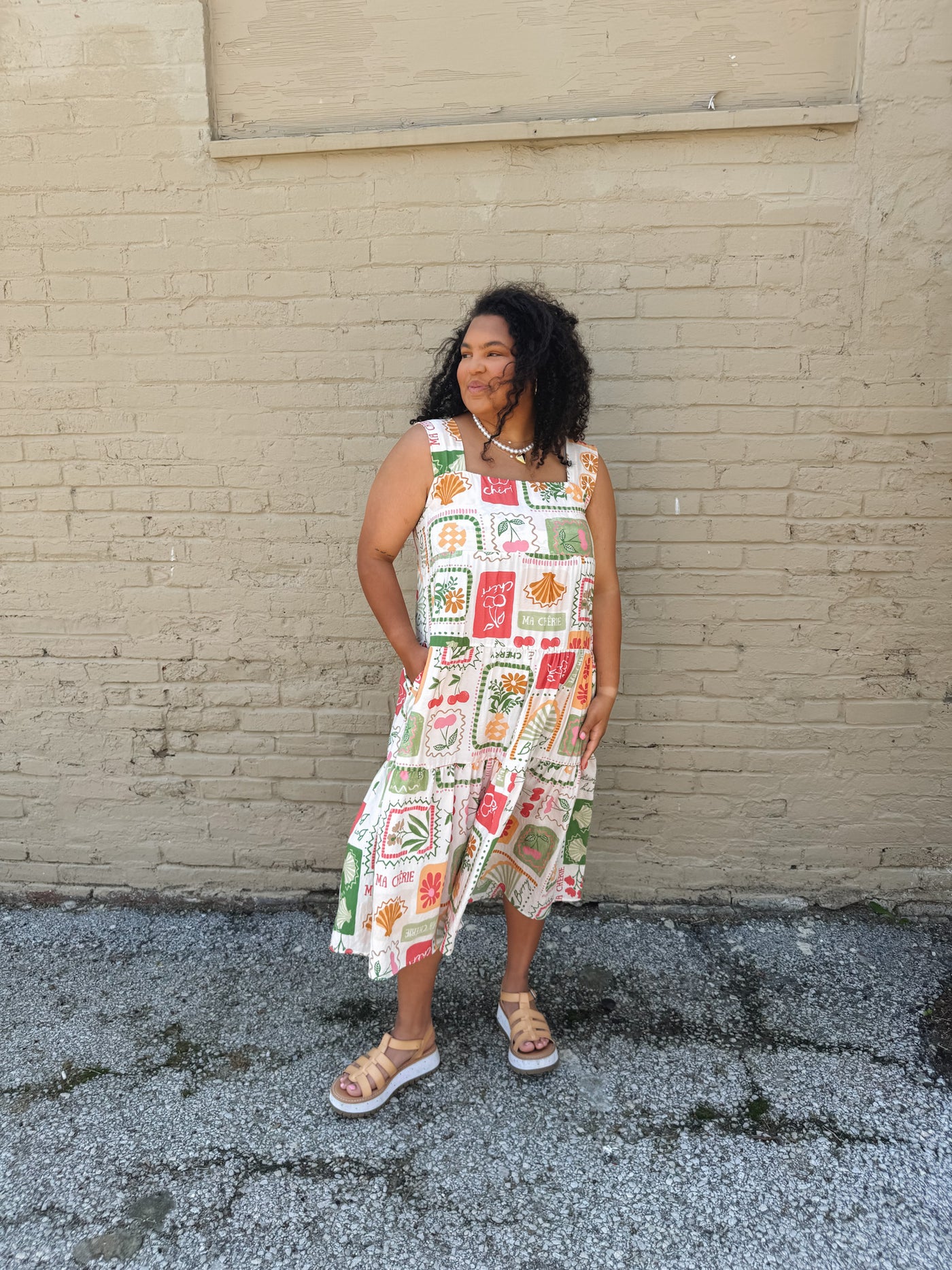 Daisy Fruit Stamp Midi Dress