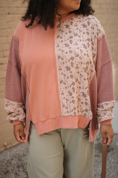 Thora Floral Print Mix Oversized Pullover | Mauve