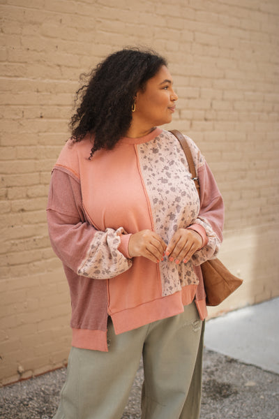 Thora Floral Print Mix Oversized Pullover | Mauve