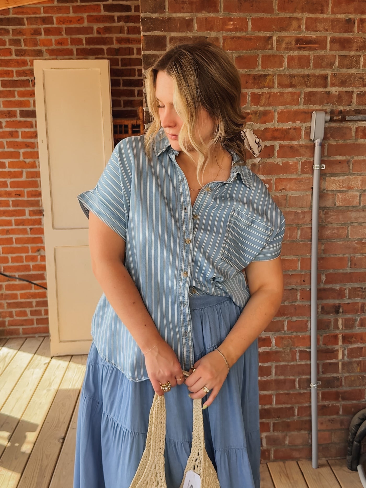 Liza Denim Striped Button Up Top
