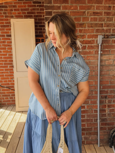 Liza Denim Striped Button Up Top