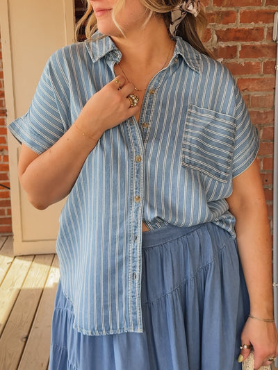 Liza Denim Striped Button Up Top