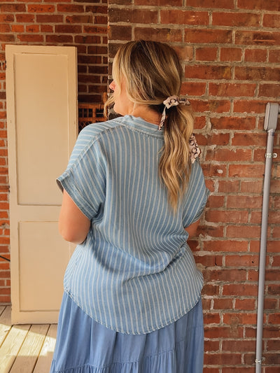 Liza Denim Striped Button Up Top