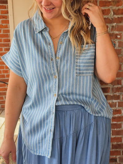 Liza Denim Striped Button Up Top