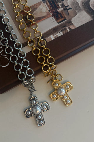 Harper Chunky Pearl Cross Necklace