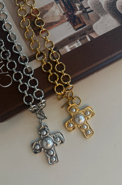 Harper Chunky Pearl Cross Necklace