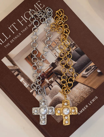 Harper Chunky Pearl Cross Necklace