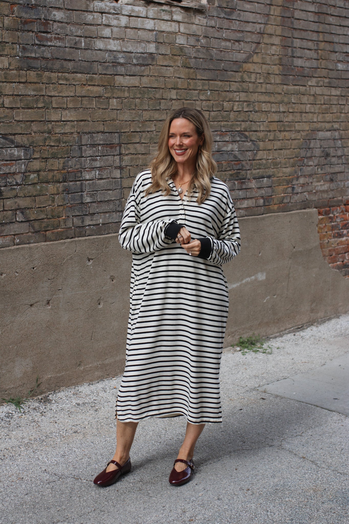 Brodie Striped Polo Knit Midi Dress