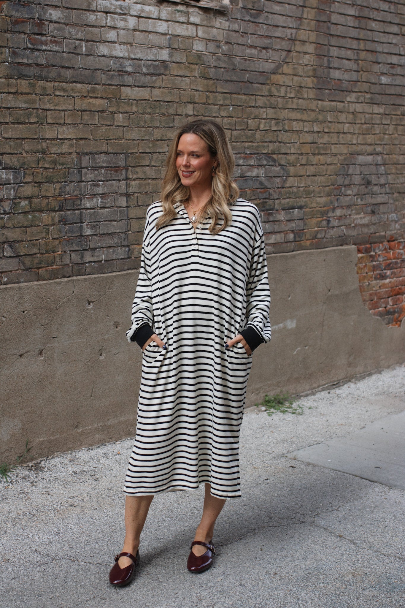 Brodie Striped Polo Knit Midi Dress