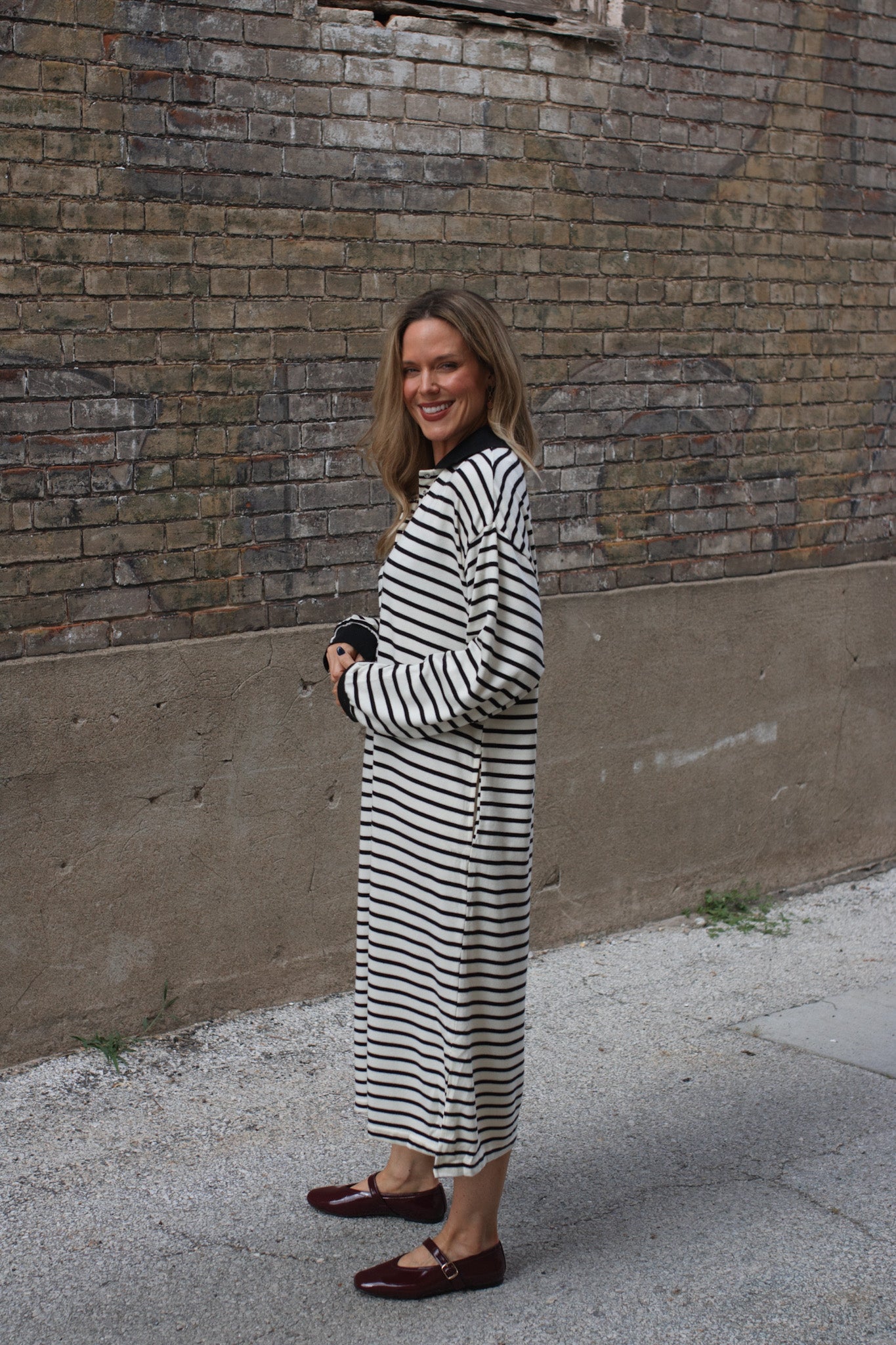 Brodie Striped Polo Knit Midi Dress
