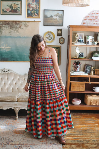 Dala Rainbow Gingham Smocked Maxi Dress