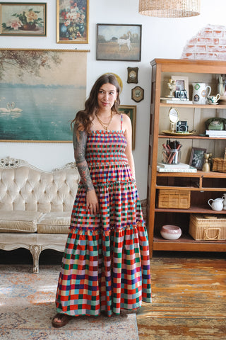 Dala Rainbow Gingham Smocked Maxi Dress