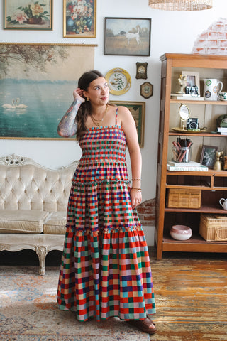 Dala Rainbow Gingham Smocked Maxi Dress