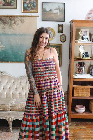 Dala Rainbow Gingham Smocked Maxi Dress