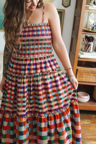 Dala Rainbow Gingham Smocked Maxi Dress