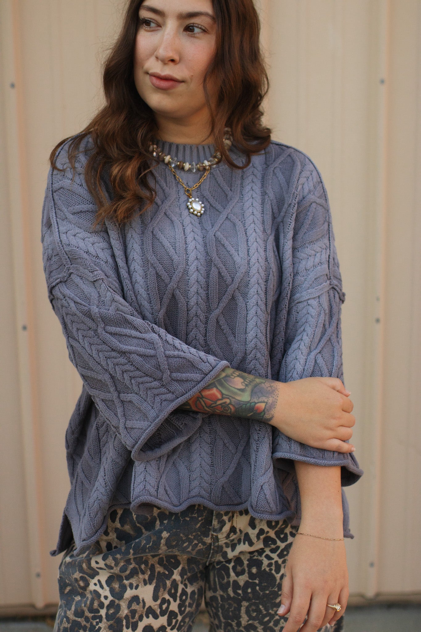 Lily Oversized Washed Cable Knit Sweater
