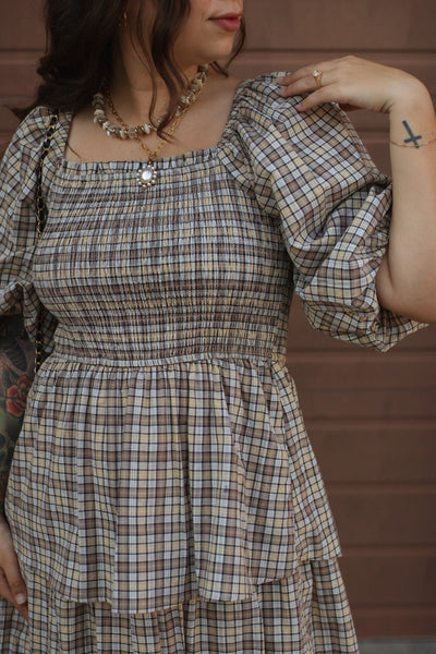 Lydia Plaid Smocked Midi Dress