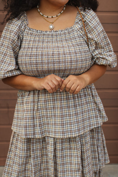 Lydia Plaid Smocked Midi Dress