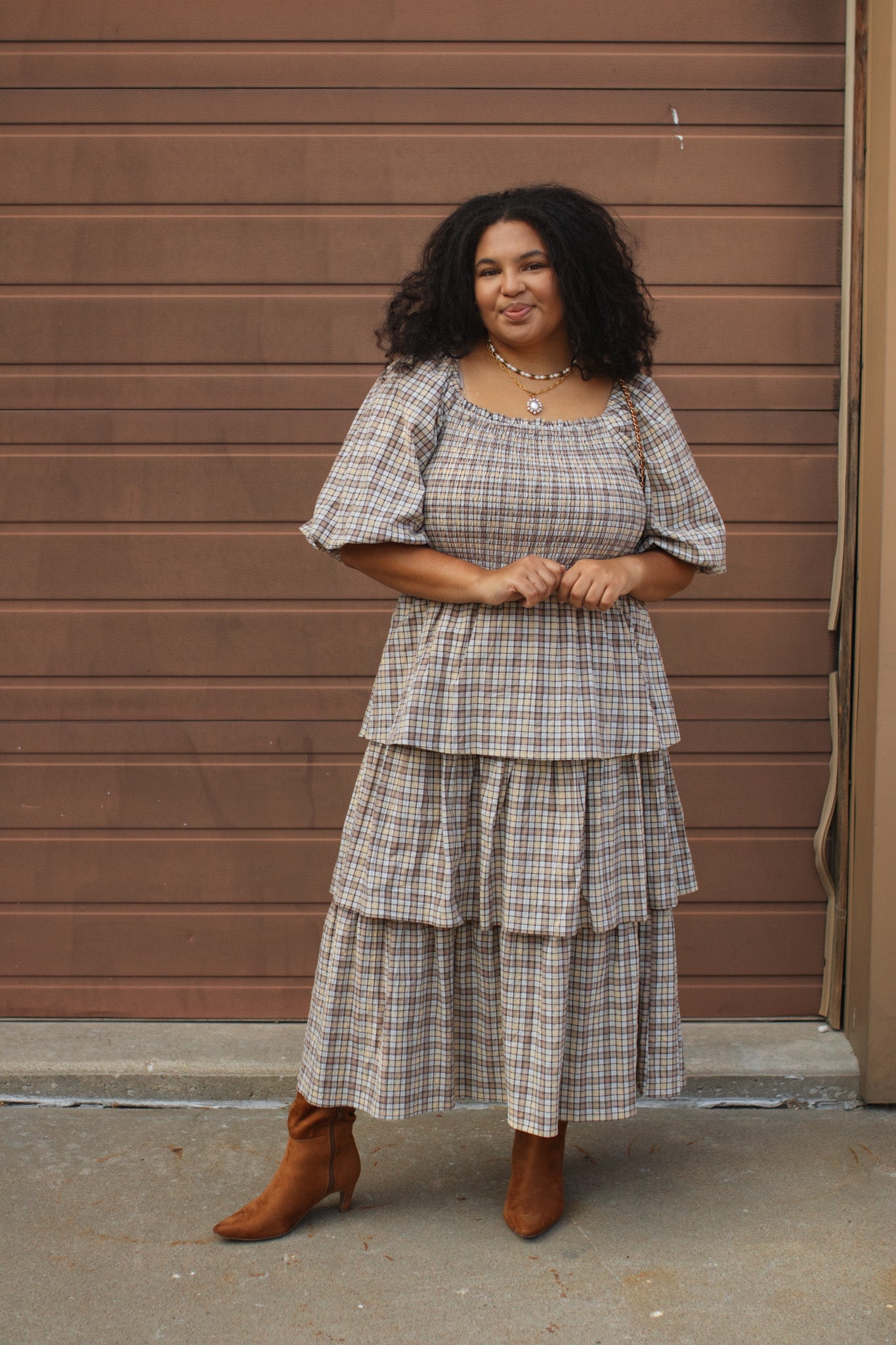 Lydia Plaid Smocked Midi Dress