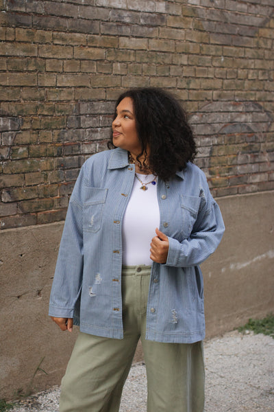Maeve Striped Denim Oversized Jacket
