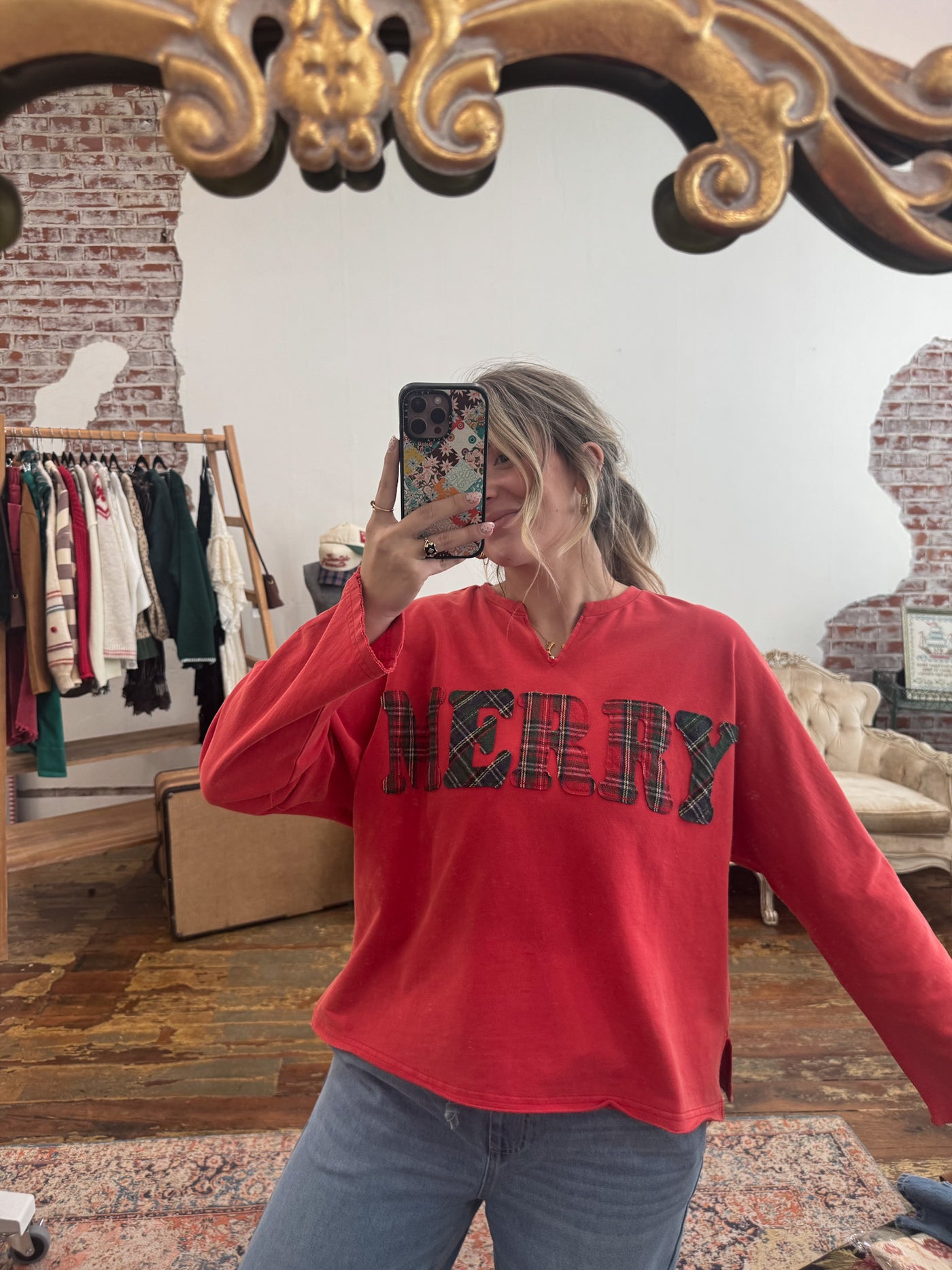 Merry Plaid Appliqué Long Sleeve Tee