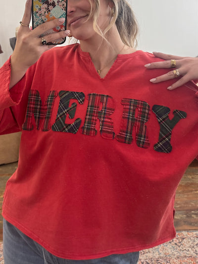Merry Plaid Appliqué Long Sleeve Tee