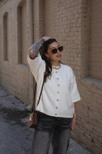Lanie Short Sleeve Button Down Cardigan | White